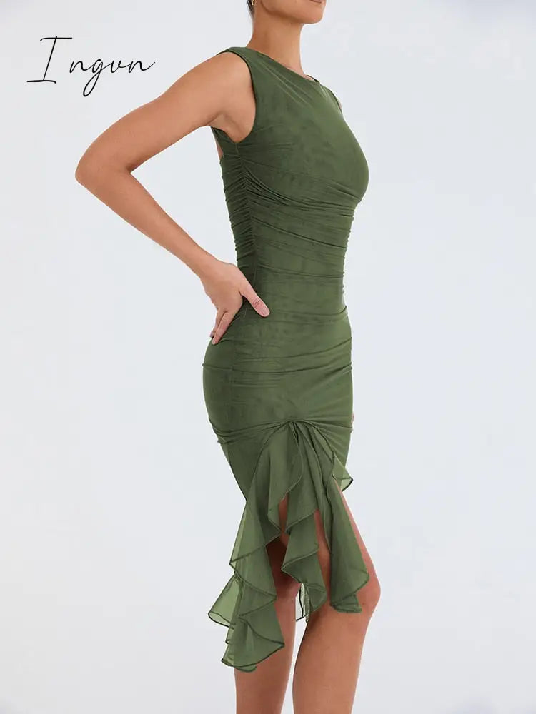 Ingvn - Elegant Ruffle Ruched Midi Dress For Women Robe Summer New Backless Sleeveless Irregular Club Party Sexy Dress Vestido
