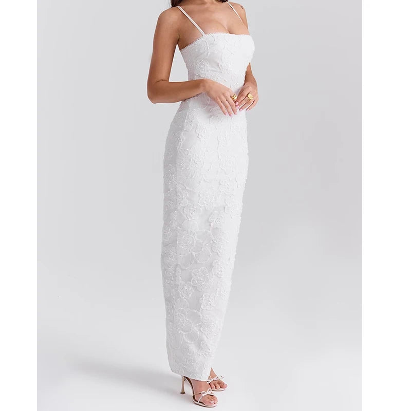Sexy Elegant Women Floral Embroidery Lace Sling Long Dress Romantic Female Package Hips Evening Party Maxi Robe Summer
