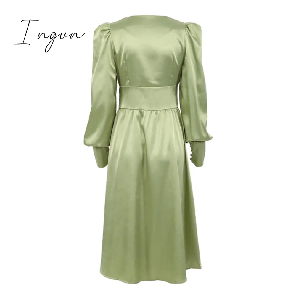 Ingvn - Elegant spring satin bishop sleeve a-line dress women V-neck high waist button dress solid Vintage long dresses chic