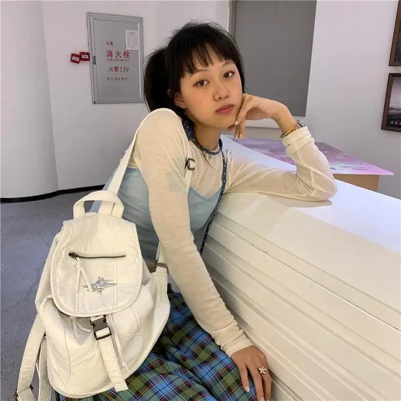 Ingvn  White Y2k Womens Backpack Vintage Pu Leather Casual Large Capacity Aesthetic Backpacks Fashion Female Luxury Designer Bags
