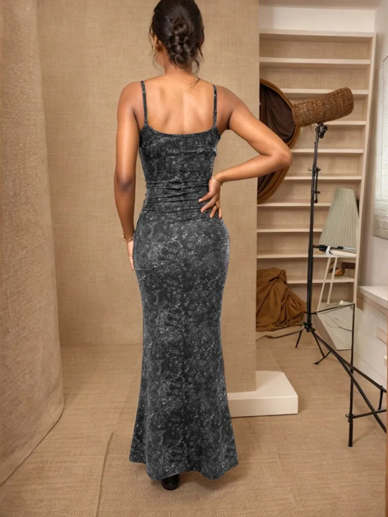 Ingvn  Black Print Sleeveless Long Dress  Woman Clothes Elegant Spaghetti Strap Backless High Waist Bodycon Holiday Party Dresses