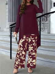 Two Piece Set: Solid Long Sleeve Crew Neck Top & Floral Print Wide Leg Pants for Spring & Fall, Women's Elegant Outfits