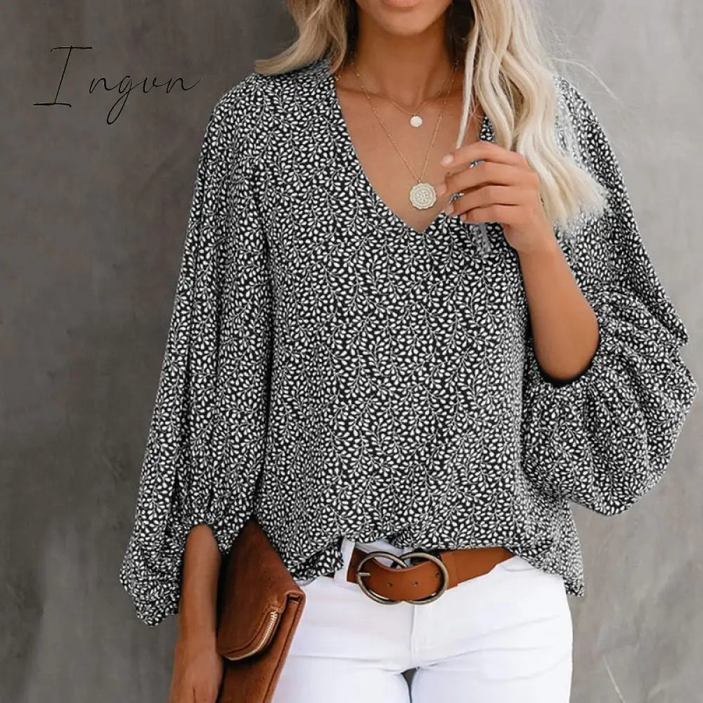Ingvn - Summer Outfits Female Streetwear Oversized XXXL Tops Blusa Summer V Neck Long Lantern Sleeve Blouse Casual Women Printing Loose Elegant Shirts