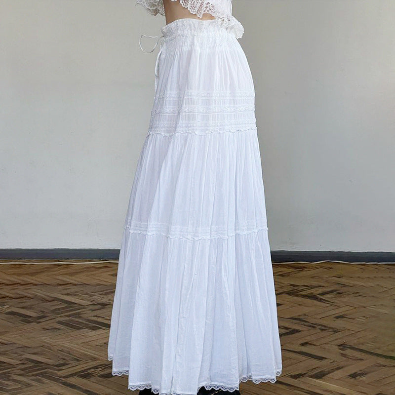 Lace stitching versatile slimming large swing super long dress holiday style casual loose lace-up low waist hot girl solid color skirt