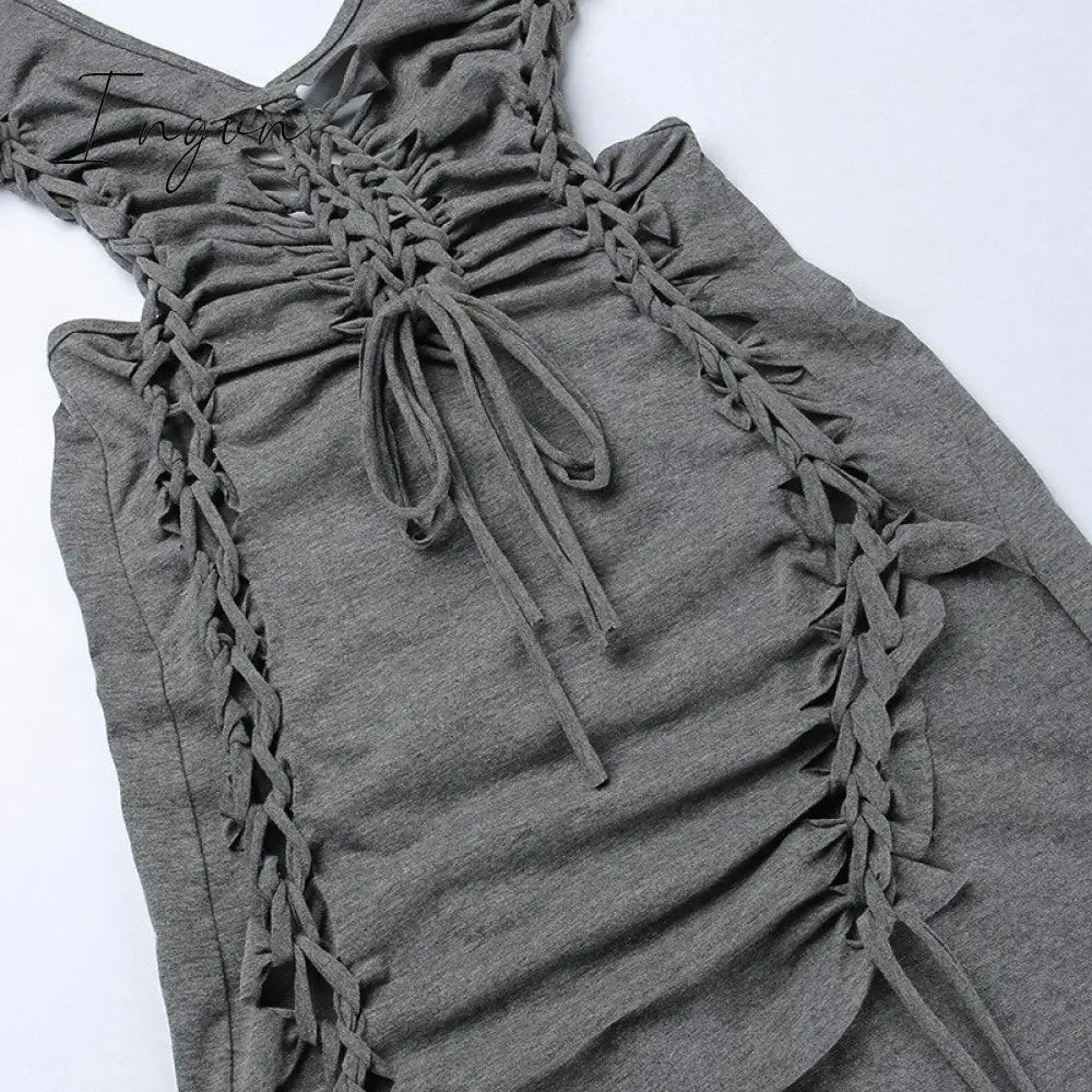 Ingvn - Dark Gray Hollow Out Mini Dress Sexy Drawstring Bandage Backless Summer Dresses for Women 2023 Birthday Party Clubwear