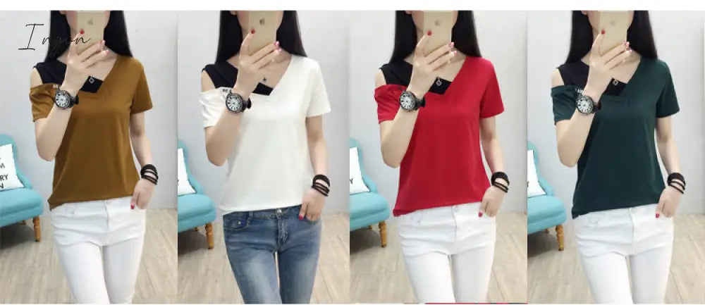 Ingvn - Fake Two Piece Tops Women T-Shirt Off Shoulder Tshirt Short Sleeve V-Neck Korea Fashion Summer Cotton Tee Shirt Femme