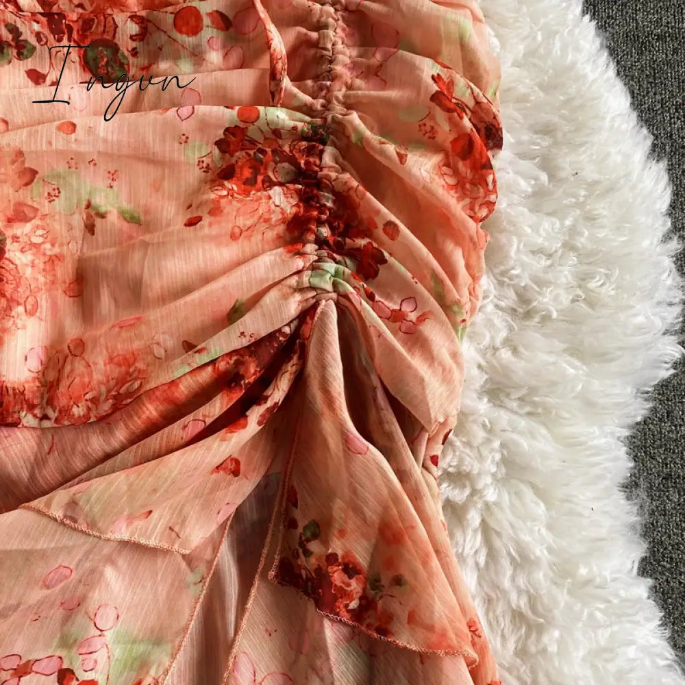 Ingvn - Vintage V-Neck Printed Chiffon Drawstring Mermaid Midi Dress Women Elegant High Waist Ruffle Vestidos Fashion Spring Summer