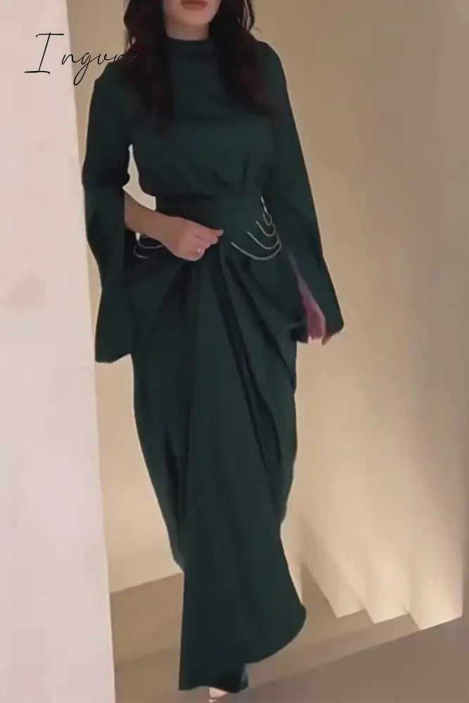 Elegant Solid Slit Half A Turtleneck Waist Skirt Dresses