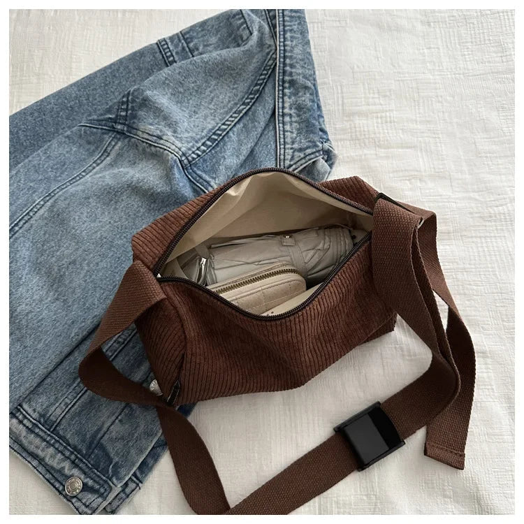 Ingvn  Solid Color Women's Corduroy Shoulder Bag Large Capacity Female Crossbody Bags Simple Design Ladies Casual Tote Purse Handbags