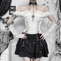 Gothic Bride Off-Shoulder Strap Cropped Top for Women Vintage Style Elegant Spicy Girls Versatile T-Shirt.