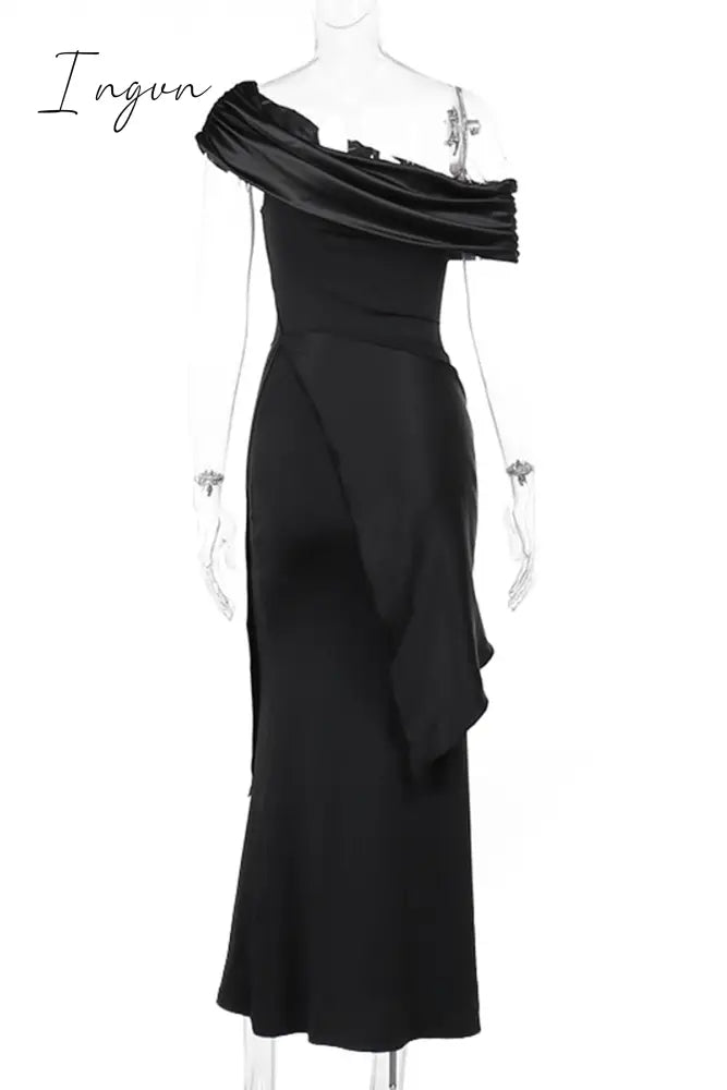 Sexy Formal Solid Mesh Oblique Collar Evening Dresses
