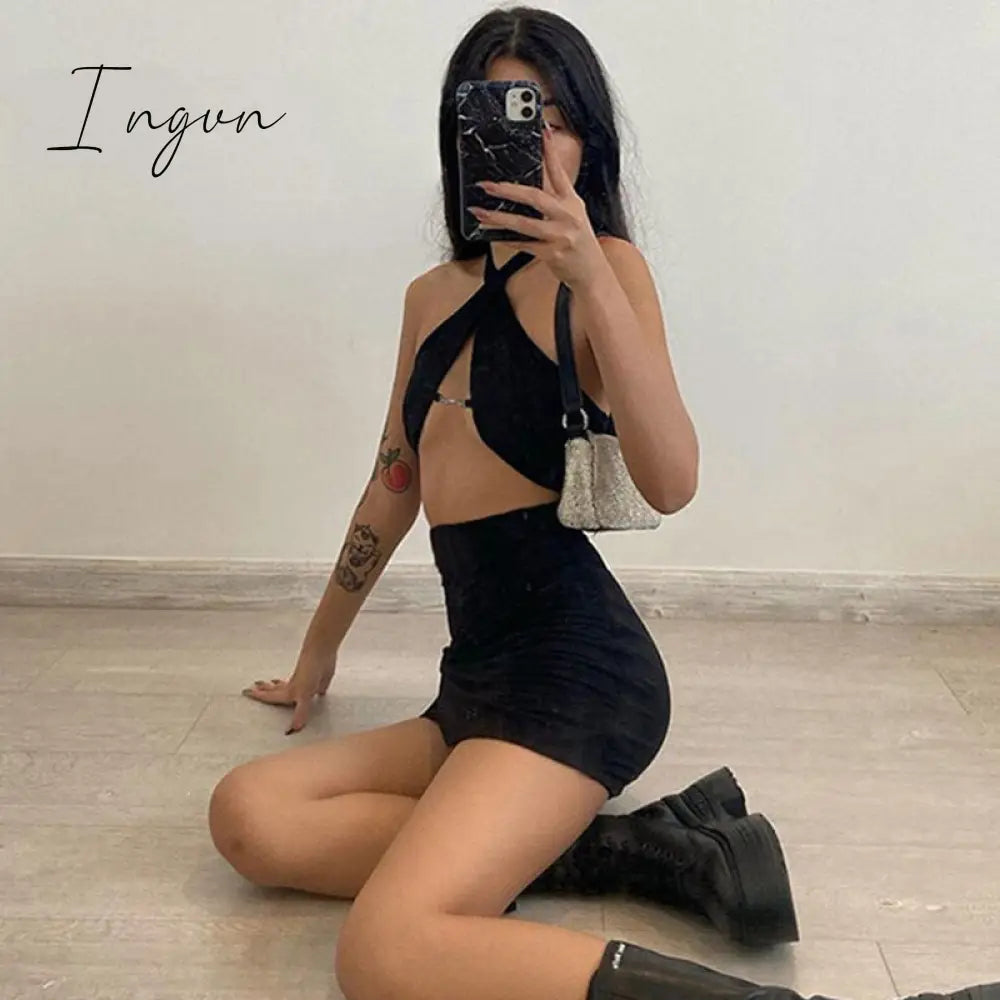 Ingvn - Woman Dress y2k Gothic Mini Dresses Sexy Deep V Neck e girl Streetwear Halter Black New Trendy 90s Vintage Christmas Party