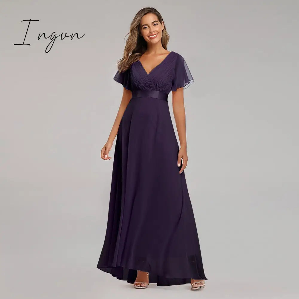 Ingvn - Evening Dresses Elegant V-Neck Ruffles Chiffon Formal Evening Gown  Robe Vestidos De fiesta Dress for Wedding Party