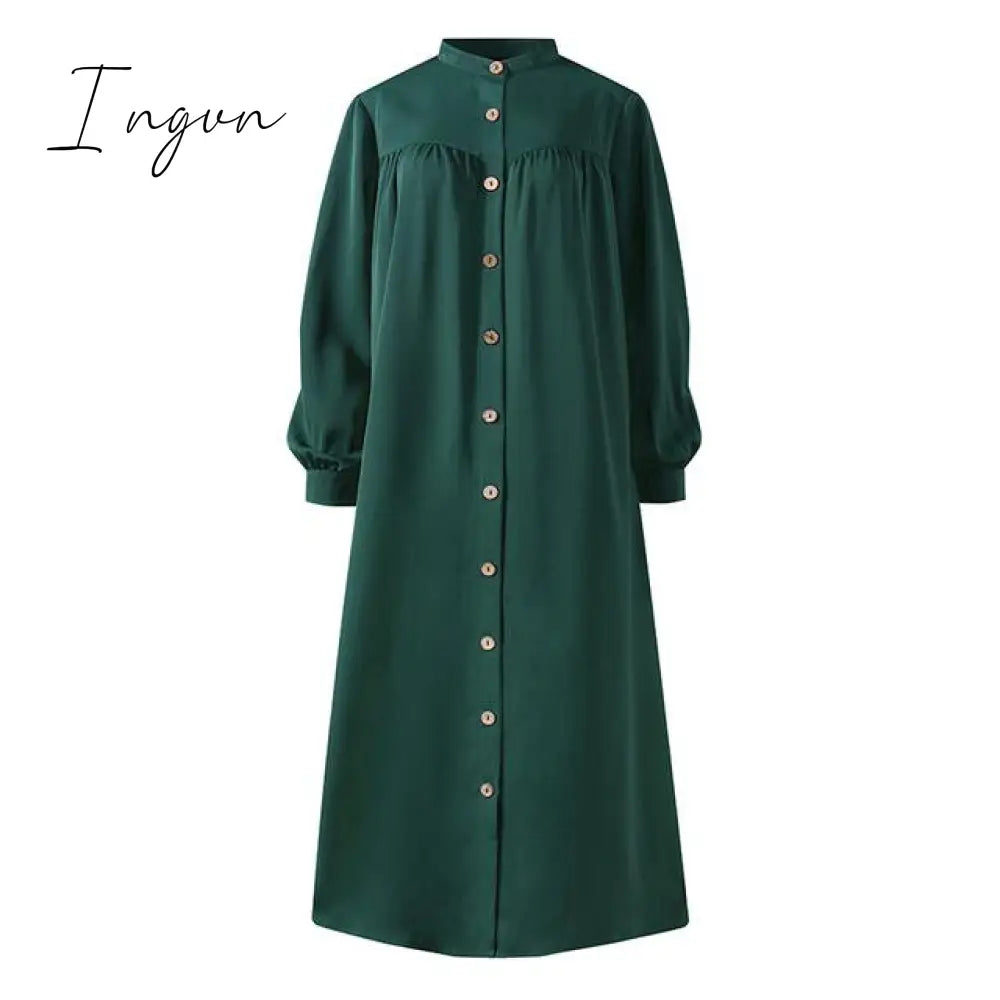 Ingvn - Plus Size Muslim Dresses Woman Shirt Dress Long Sleeve Maxi Vestidos Female Button Robe High Wasit Solid Sundress