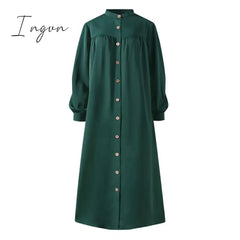 Ingvn - Plus Size Muslim Dresses Woman Shirt Dress Long Sleeve Maxi Vestidos Female Button Robe High Wasit Solid Sundress