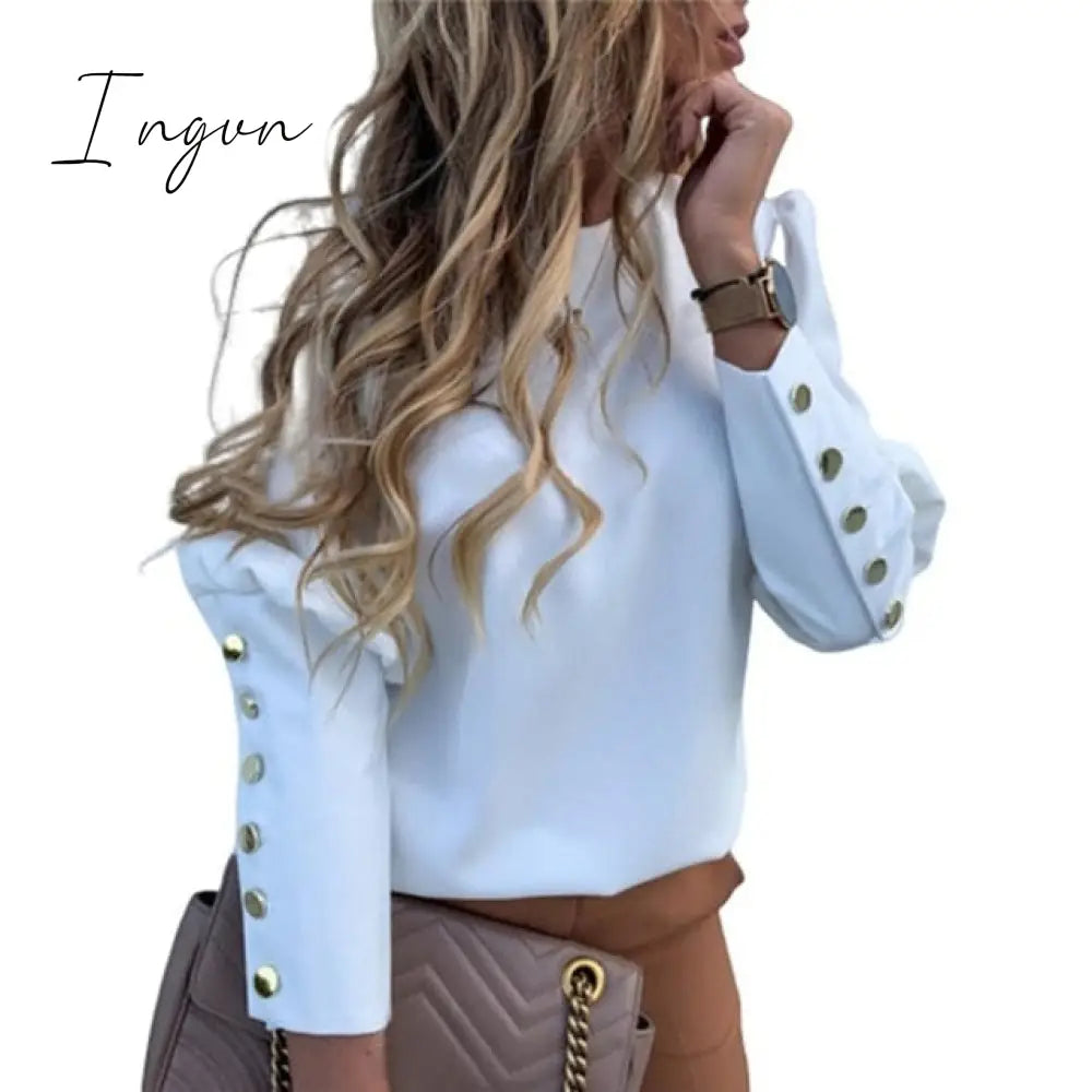 Ingvn - Fashion Women Blouse Shirt  Spring Women Clothing Solid Buttons Long Sleeve Shirts Tops Ladies OL Shirt White Office Shirt