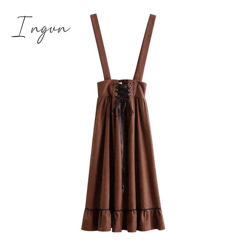 Ingvn - Spring Summer Women Long Midi Suspender Skirt Teen Girls Preppy Style Cute Lace-Up High Waist Ruffle A-Line Skirts