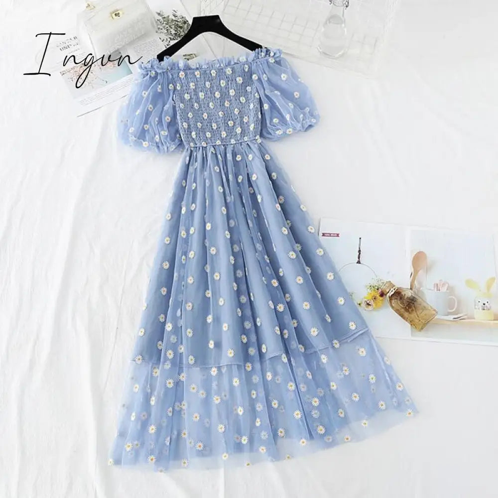 Ingvn - small daisies embroidery mesh dresses women sexy off the shoulder french vintage party ruffle dresses elegant vestidos