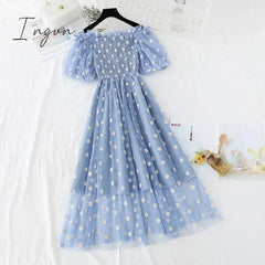 Ingvn - small daisies embroidery mesh dresses women sexy off the shoulder french vintage party ruffle dresses elegant vestidos