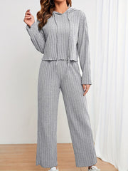 Two-piece Set, Casual Solid Ribbed Drawstring Long Sleeve Hoodie & Wide Leg Pants Outfits for Women