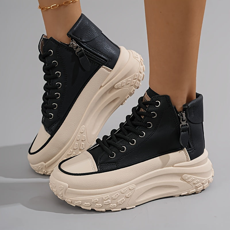 Plus Size Women's Comfortable High-Top Sneakers, Casual Lace Up Outdoor Shoes with Side Zipper
