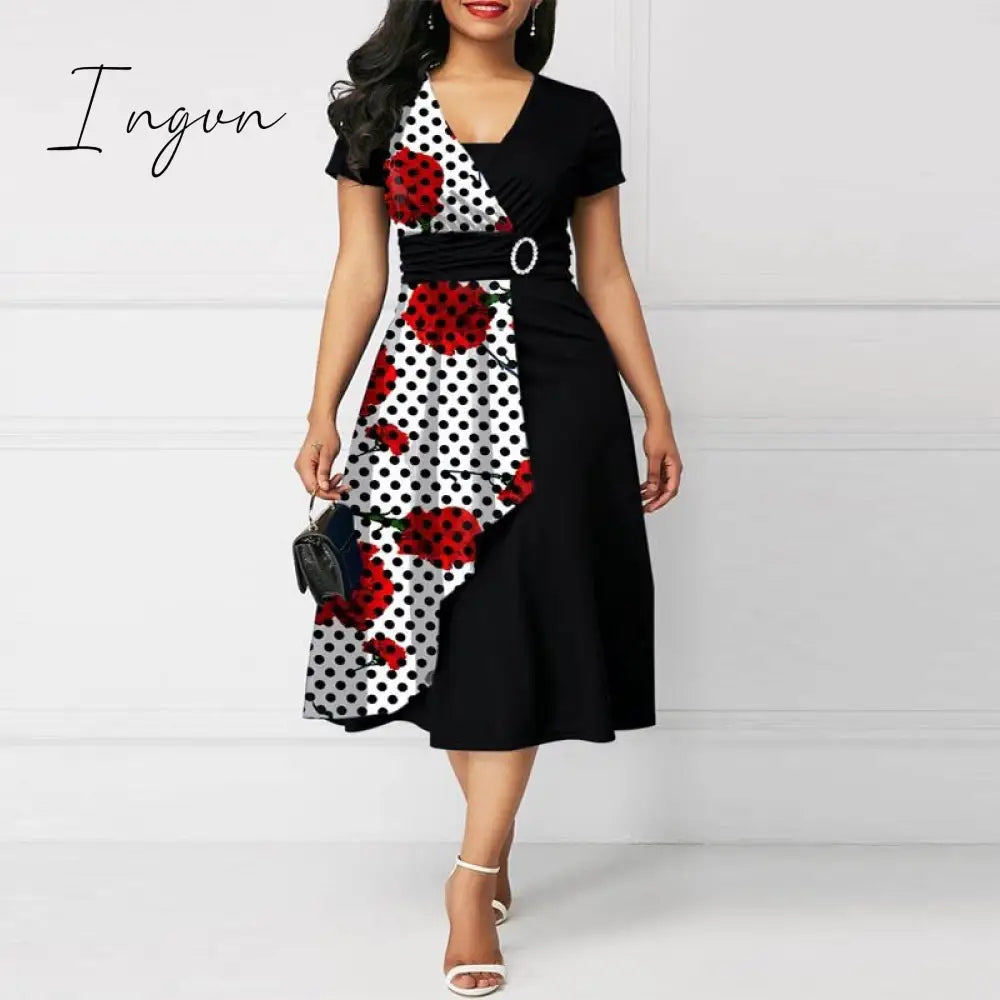 Ingvn - 2023 New Trends Retro Women High Waist Irregular Midi Dresses Summer Fashion V-neck Short Sleeve A-line Party Dress Elegant Office Lady Vestidos