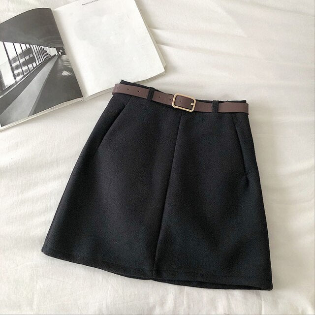 Voguable England Solid Women Belt Skirt winter fashion High Waist A-line pocket Skirt Females Mini Office ladies 5 color casual Skirts