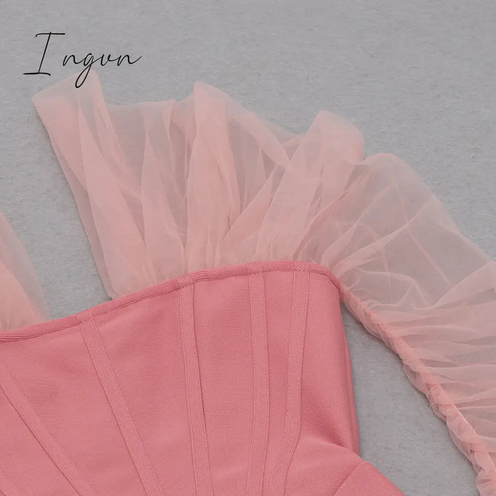 Ingvn - Fashion Trends Summer Women Sexy Off Shoulder Long Sleeve Backless Mesh Pink Mini Bodycon Bandage Dress Elegant Evening Club Party Dress