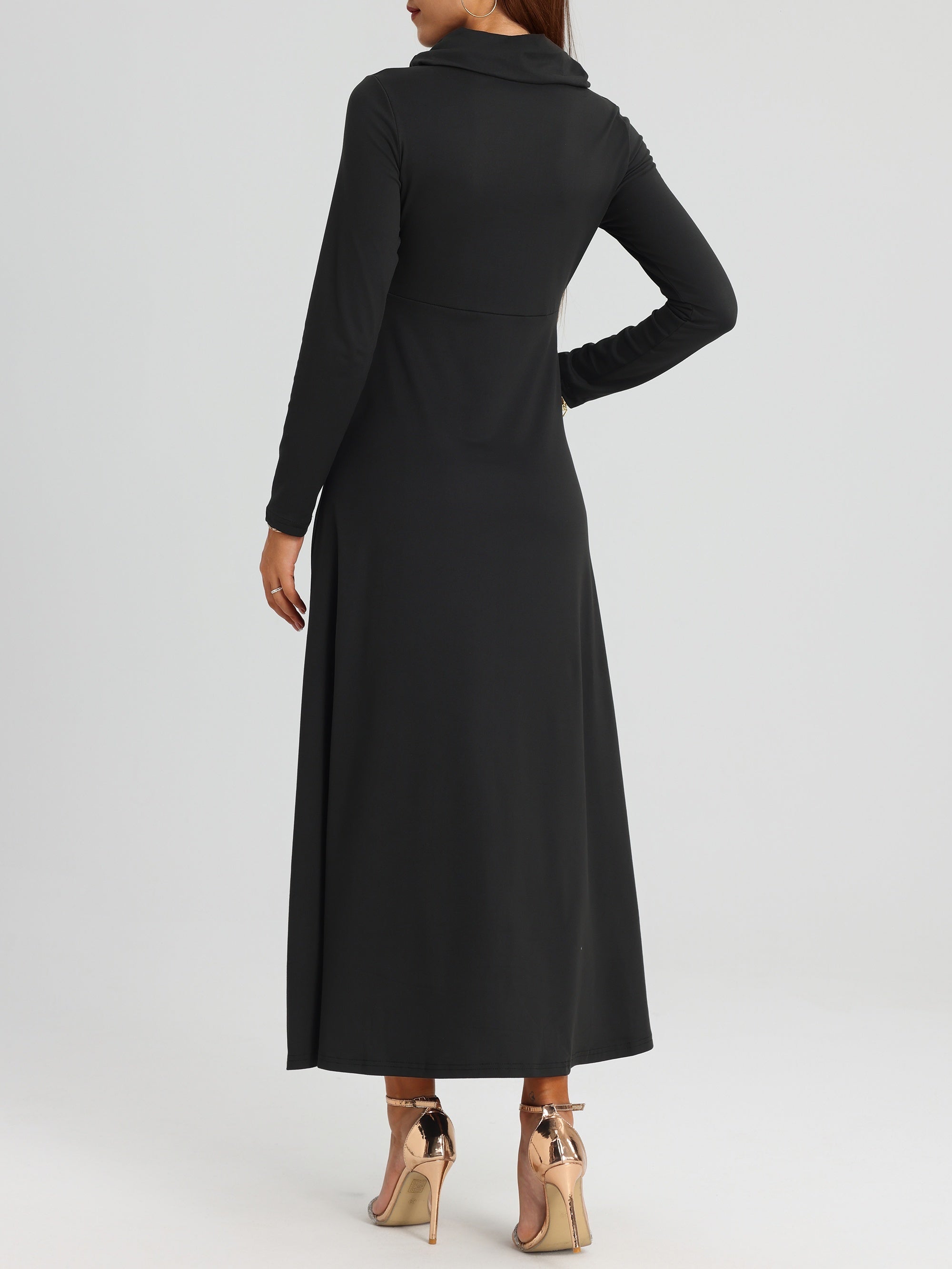 Elegant Long Sleeve Maxi Fit and Flare Dress with Pockets - Soft High Elasticity Polyester Fabric, Solid Color, Cowl Neck, Comfortable for All Seasons - Womens Everyday Wear
