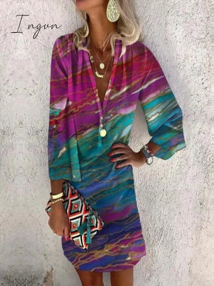 Ingvn - Women Fashion Floral Printed Summer Mid Length Dress Casual Long Sleeve Ladies A Line V Neck Office Street Holiday Dresses