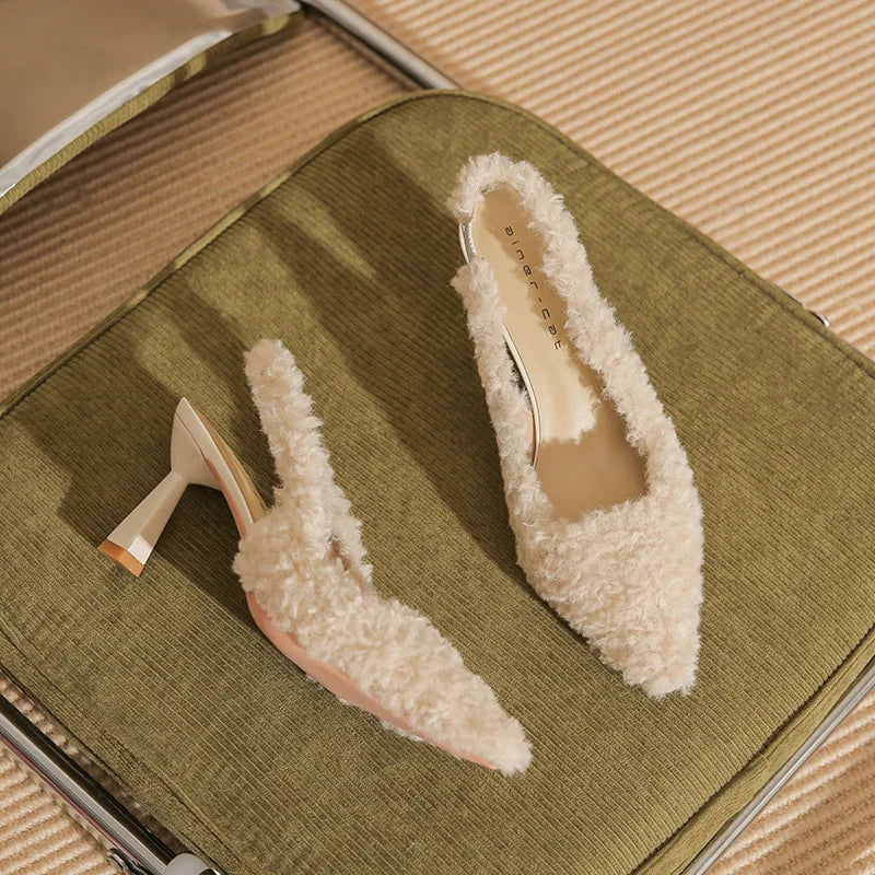 Black Fur Slingback Pumps Sandals Women Fashion Pointed Toe Shallow Slip-on Plush Pumps Ladies Elegant Evening Party Heel Shoes