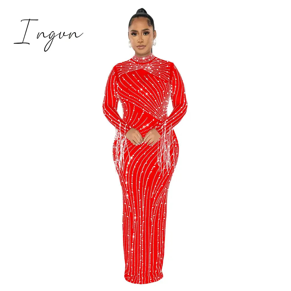 Ingvn - Women's Sexy See Through Rhinestone Bead Mesh Dress Luxury High Neck Long Sleeve Tassels Maxi Party Night Dresses 2 Piece Set