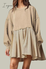 Ingvn - Casual Solid Patchwork Contrast O Neck Pleated Dresses