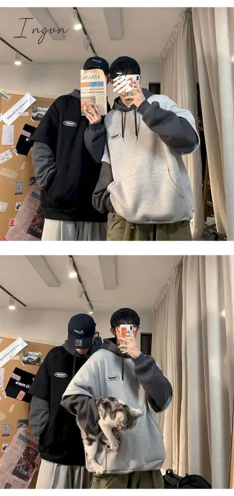 Ingvn - Spring Outfits 2023 Trends Hoodies Women Sweatshirt Couple Autumn/winter Fake Two-piece Hooded Pullover Student Korean Style Loose Top Velvet Thick Jacket