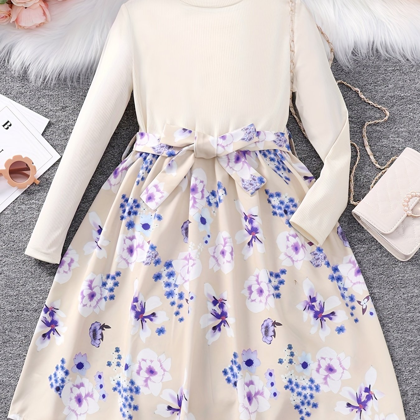 Adorable Floral Belted Dress for Girls - Long Sleeves, Round Neck, Splicing Design, Party-Perfect, Spring Collection, Kids' Clothing
