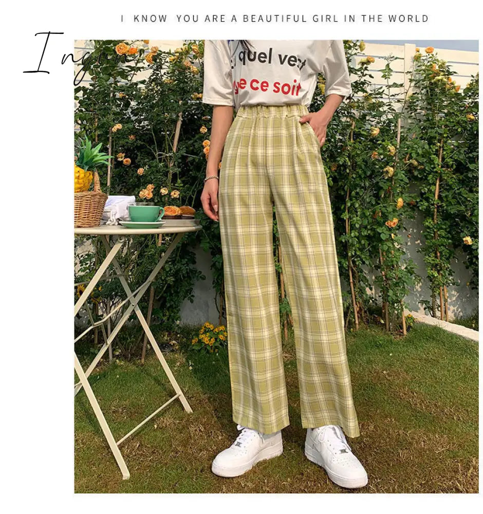 Ingvn - Vintage Plaid Pants Women High Waist Plus Size Wide Leg Casual Female Trousers Summer Joggers Clothes Streetwear Girl Pants