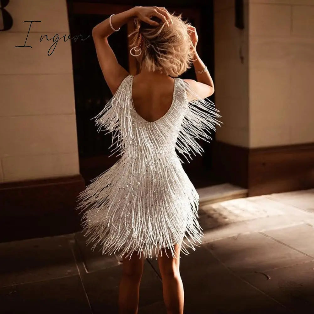 Ingvn - Sexy Deep V Sleeveless Tassels Mini Dress Women Glitter Night Clubwear Party Prom Evening Bodycon Dresses Femme Vestidos Summer