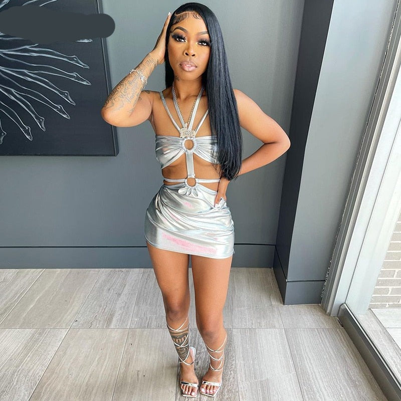 Voguable  Solid Sleeveless Bodycon Halter Hollow Out Sexy Mini Dress  Summer Women Fashion Streetwear Outfits Y2K