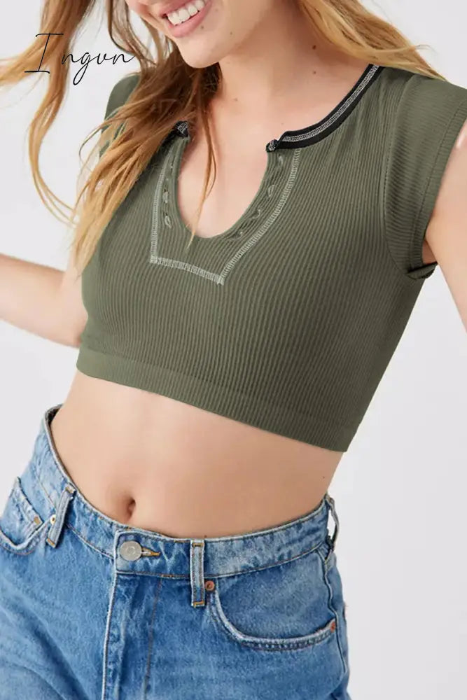 Ingvn - Sexy Street Solid Patchwork U Neck T-Shirts