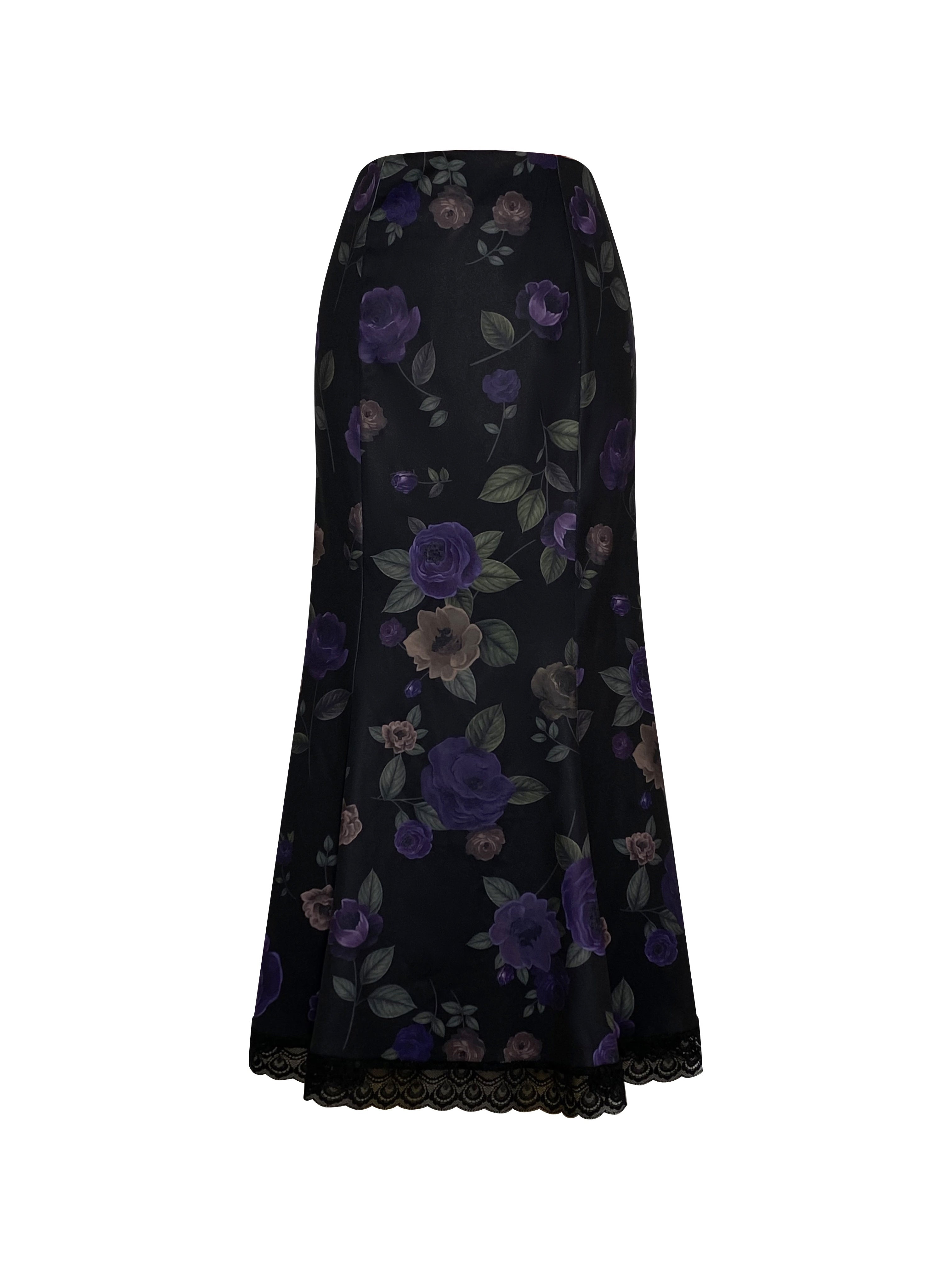 Floral Print Lace Trim Skirt, Elegant High Waist Bodycon Ruffle Midi Skirt, Women's Clothing