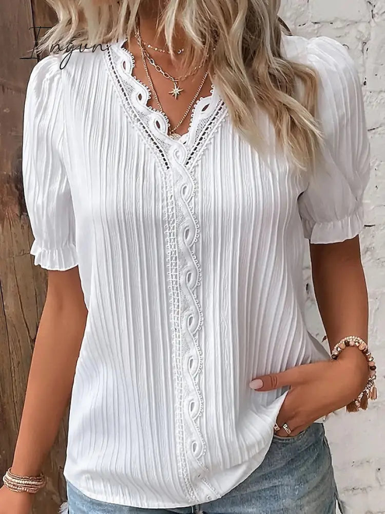 Ingvn - Women's Shirt Blouse yellow-green Violets White Plain Lace Short Sleeve Casual Basic V Neck