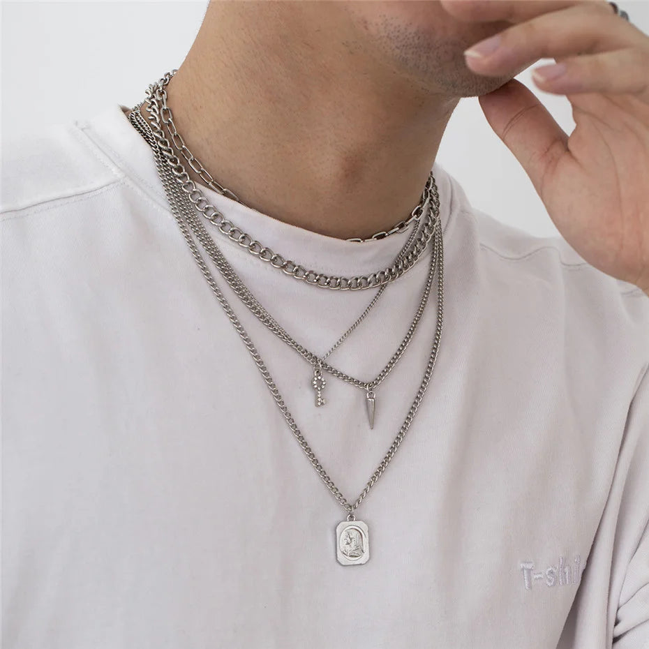 INGVN  Punk Multilayer Chains Chunky Necklace Set Goth Spike Rivet Portrait Key Pendant Necklace Women Men Statement Jewelry