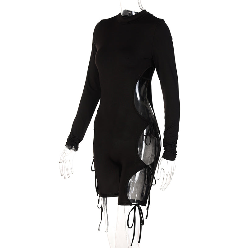 Solid Long Sleeves O Neck Cut Out Drawstrings Bandage Playsuit  Summer Fall Bodycon Sexy Party Club Elegant Y2K