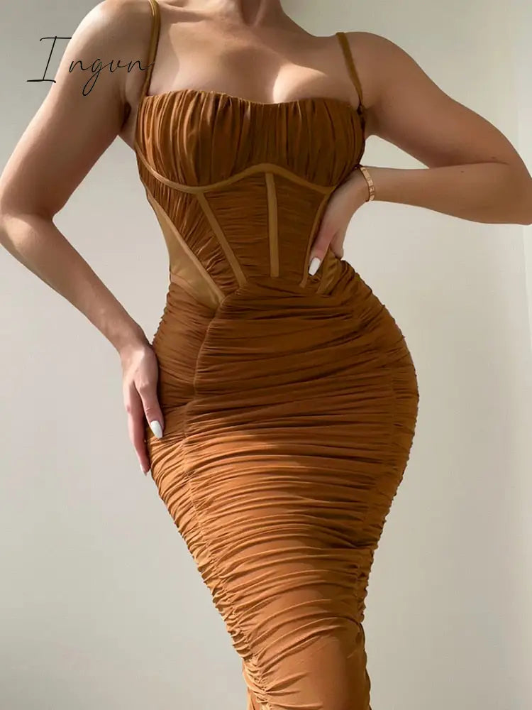 Ingvn - Summer Woman Dress Ruched Maxi Dress Bodycon Mesh Sexy Dress Stretchy Spaghetti Strap Dresses Elegant Long Evening Party Dresses