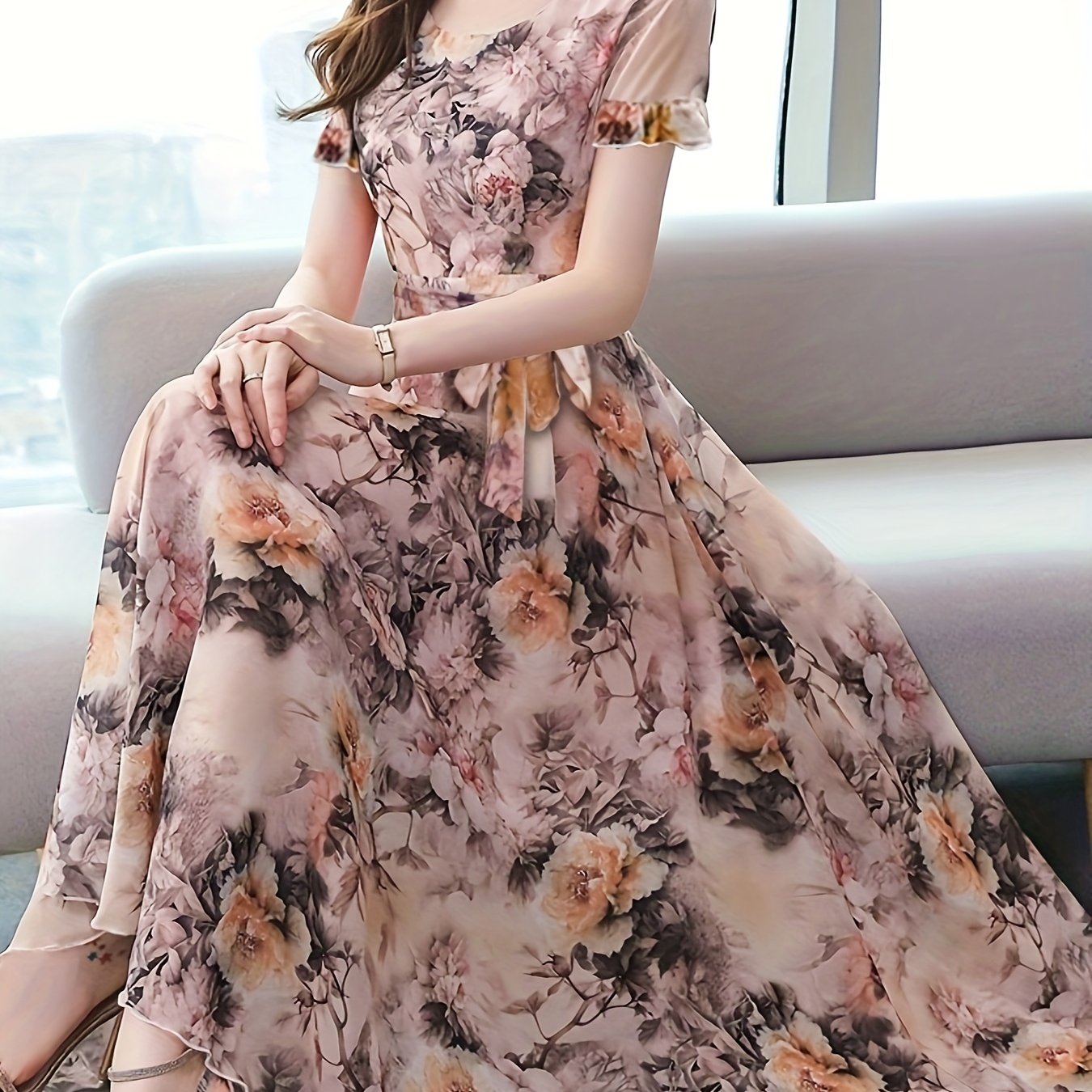 Vibrant Floral Print Crew Neck Dress - Elegant Short Sleeve, Comfortable, Breathable, Spring & Summer Essential - Women's Clothing for Chic, Elegant Dressing, Perfect for Outdoor Activities