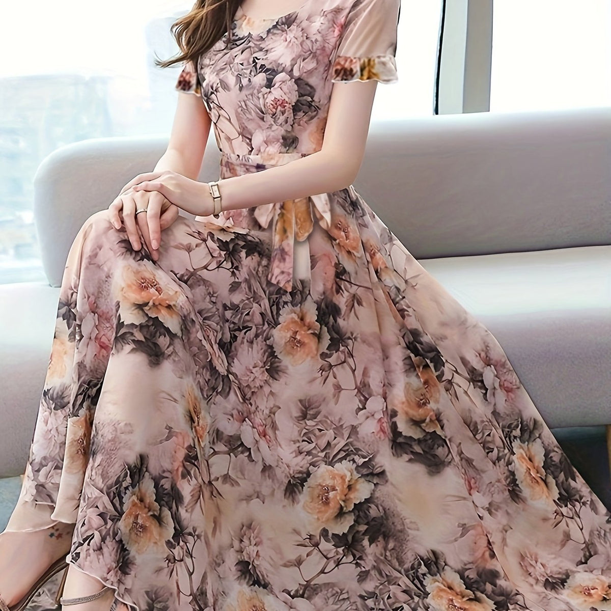 Vibrant Floral Print Crew Neck Dress - Elegant Short Sleeve, Comfortable, Breathable, Spring & Summer Essential - Women's Clothing for Chic, Elegant Dressing, Perfect for Outdoor Activities