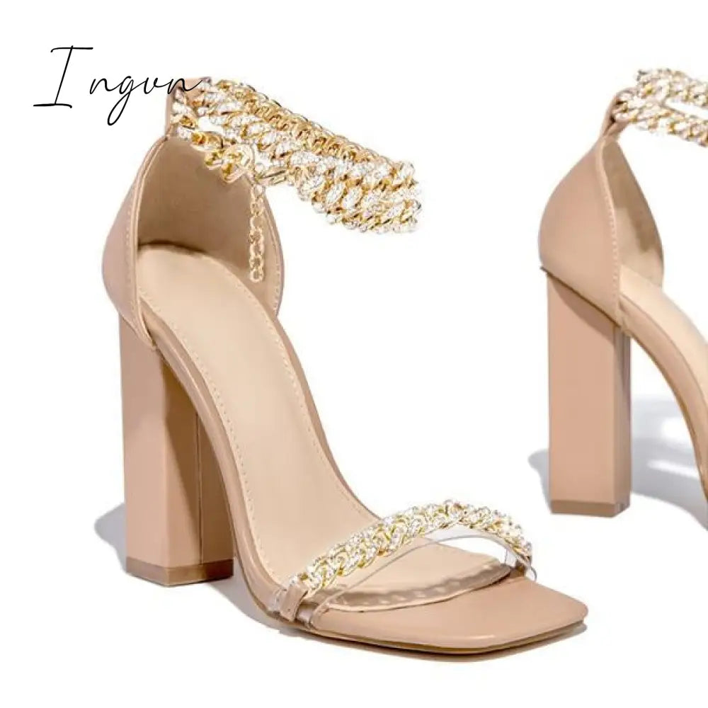 Ingvn - Gold-Tone Chain Embellished Ankle Strap Chunky Heels