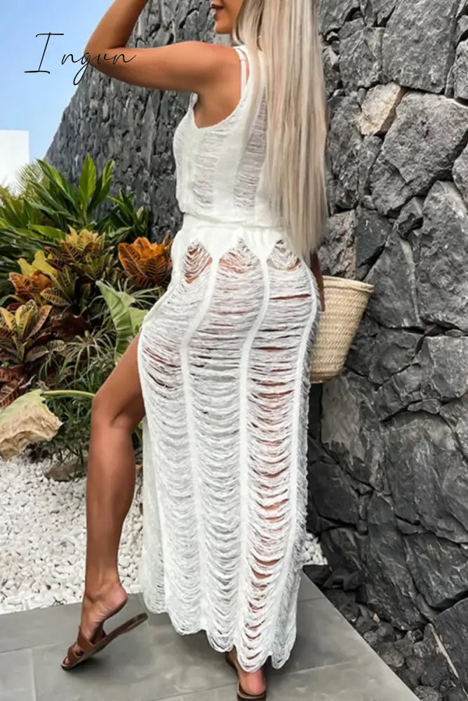 Ingvn - Sexy Vacation Solid Hollowed Out Slit O Neck Sleeveless Two Pieces