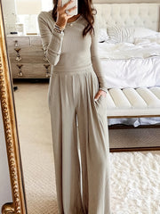 Chic Solid Two-Piece Set - Soft Knit Crew Neck Top & High Waist Wide Leg Pants - Comfortable Casual Outfit for Women