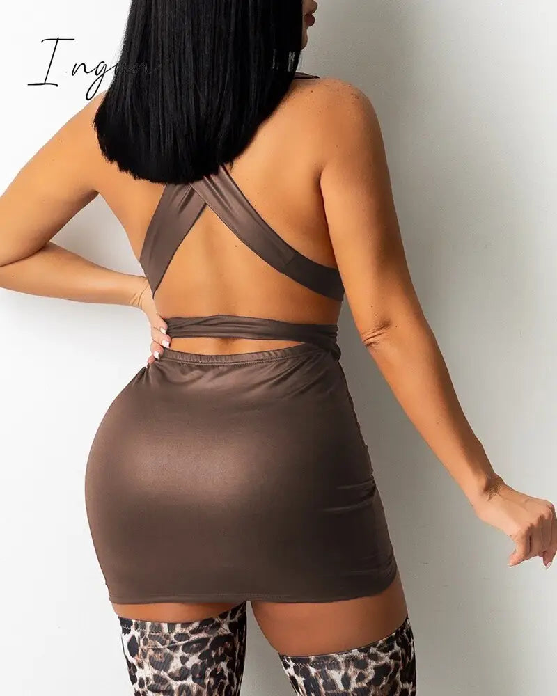 Ingvn - Sexy Backless Crisscross Bandage Ruched PU Leather Bodycon Dress Fashion Elegant Party Club Mini Dress Vestidos Summer